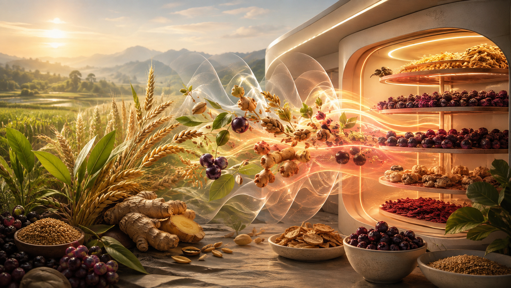 A future food system preserving grains, ginger, berries, and seeds with radiant infrared energy