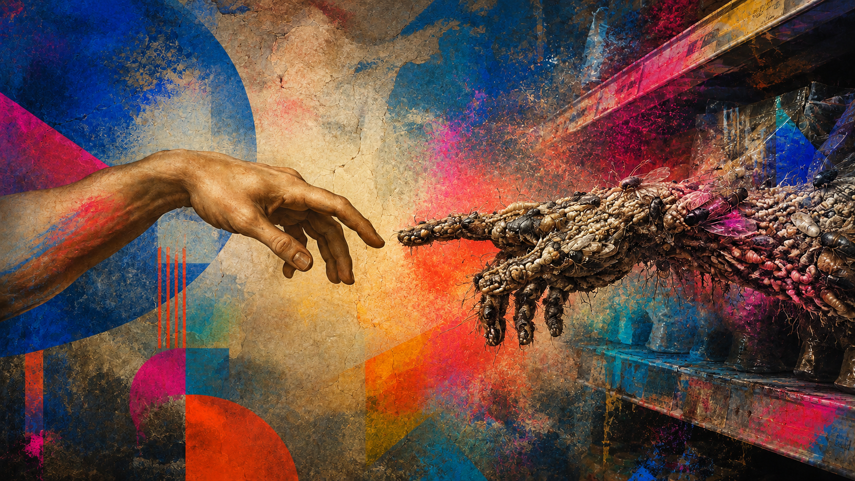 A human hand reaching toward a grotesque hand formed from maggots, flies, insect fragments, and contaminated food products